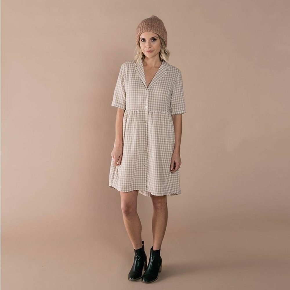 Rylee + Cru Jeanette Dress- Ivory and Taupe Gingham